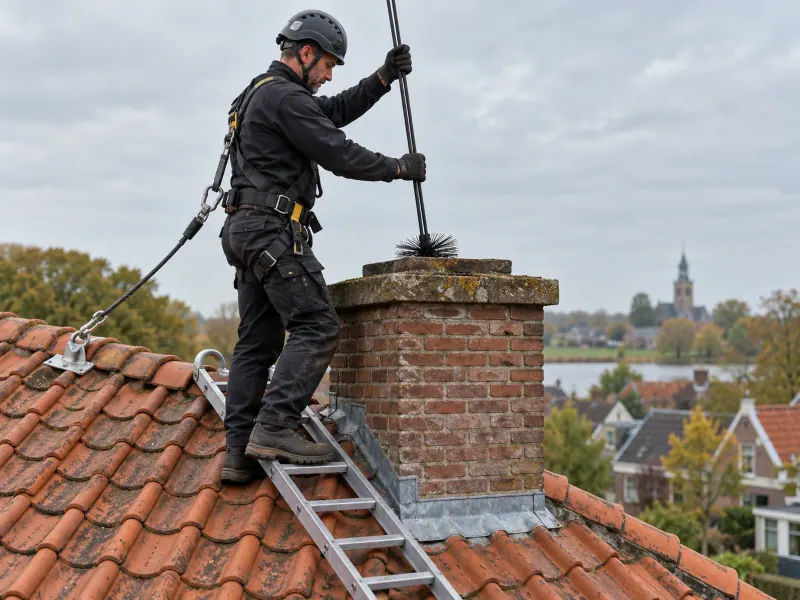 Sfeerillustratie: Schoorsteenveger werkt gezekerd bij een schoorsteen op een pannendak.